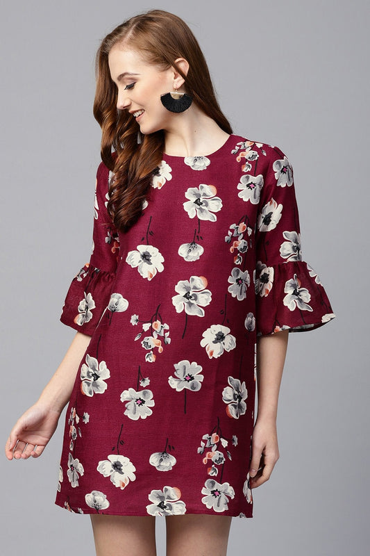 Women's Burgundy Floral Silk Sleeve Ruffle Dress