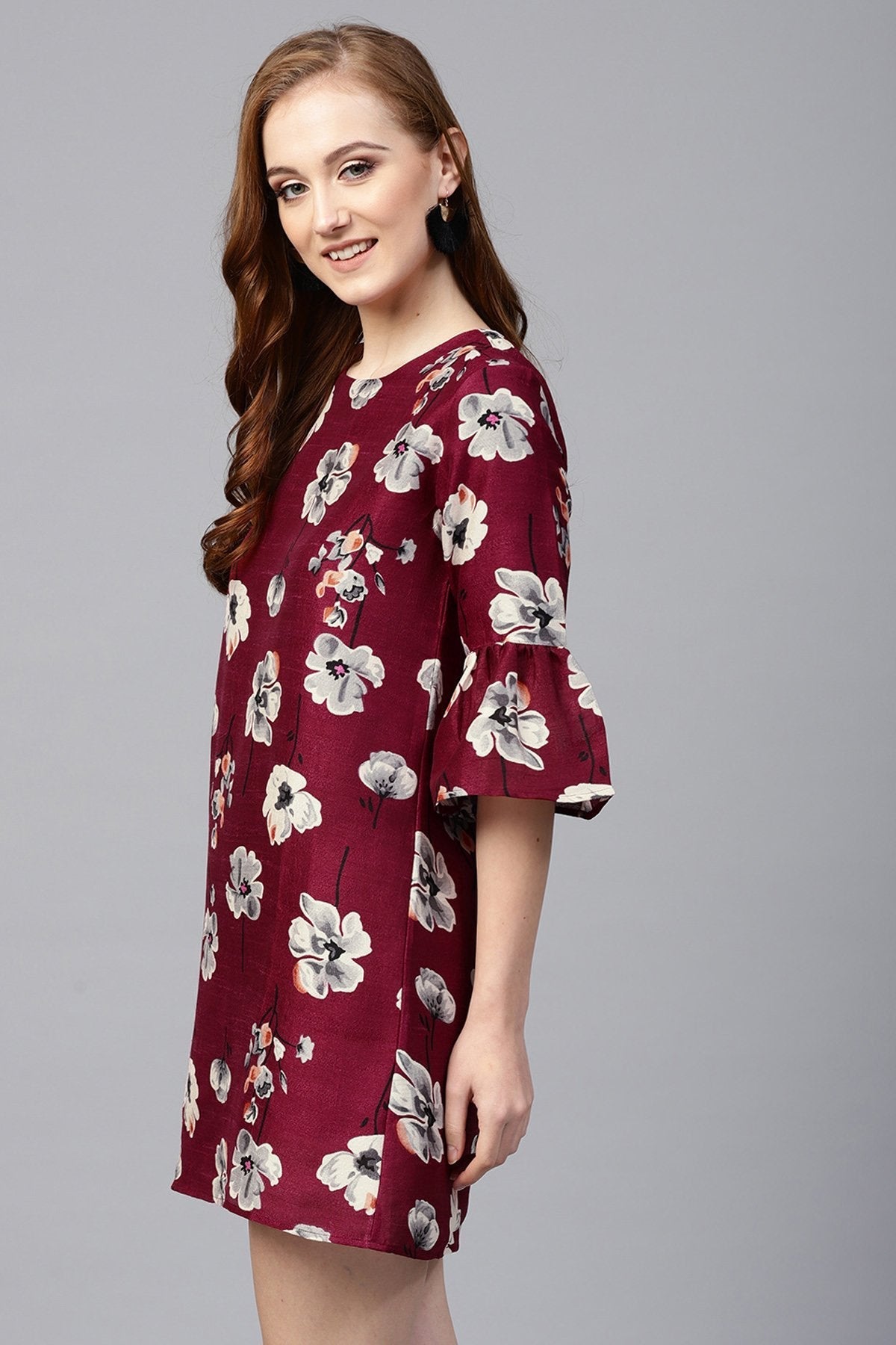 Women's Burgundy Floral Silk Sleeve Ruffle Dress