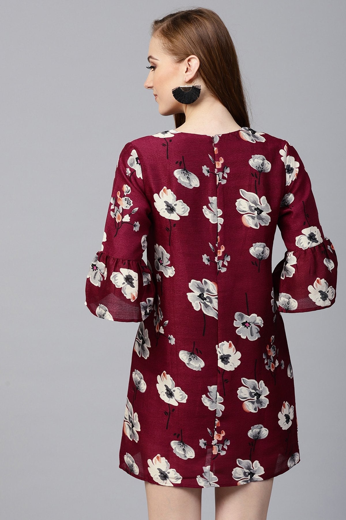 Women's Burgundy Floral Silk Sleeve Ruffle Dress