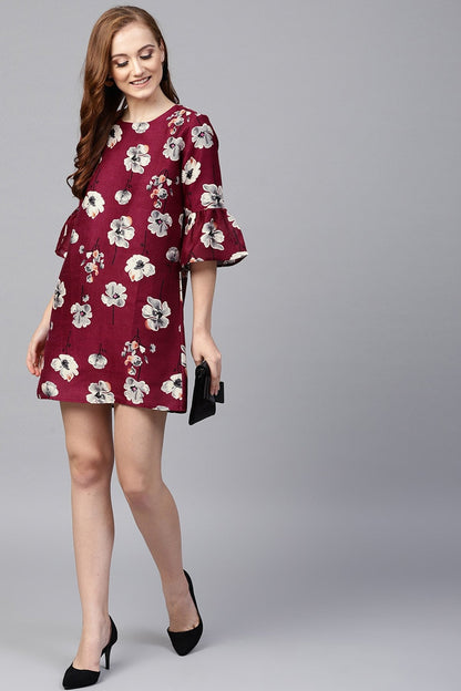 Women's Burgundy Floral Silk Sleeve Ruffle Dress