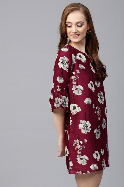 Women's Burgundy Floral Silk Sleeve Ruffle Dress