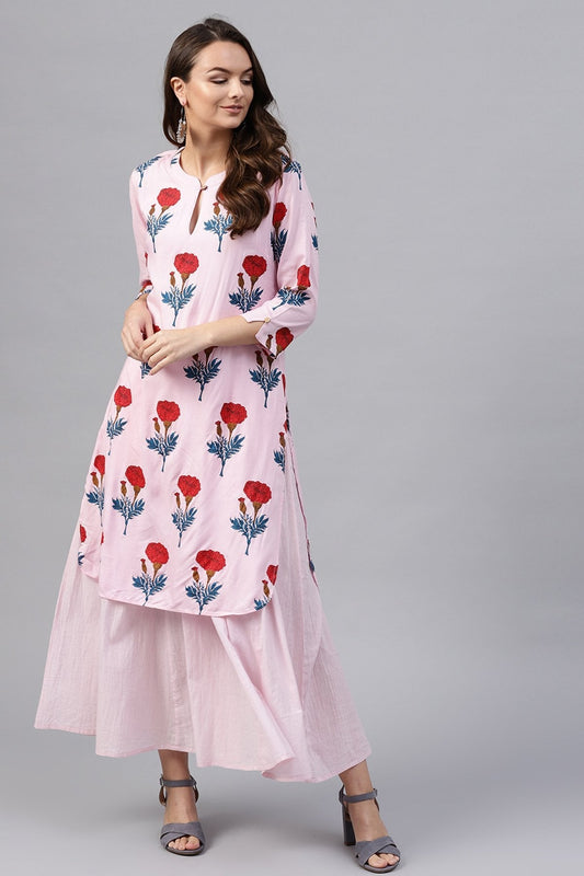 Women's Pink Floral Flared Layered Maxi
