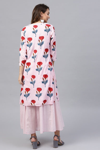 Women's Pink Floral Flared Layered Maxi