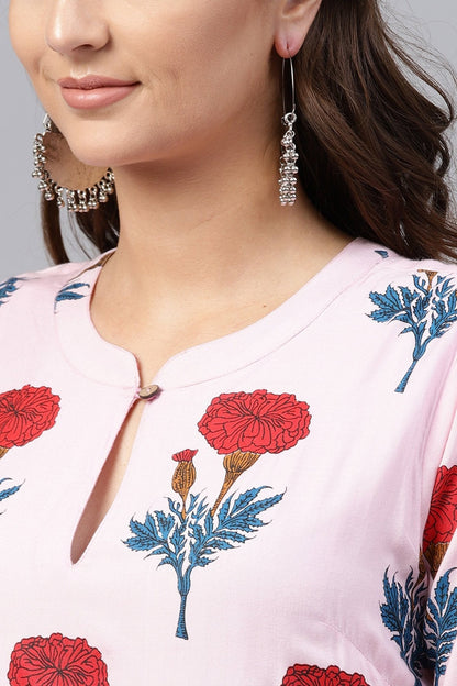 Women's Pink Floral Flared Layered Maxi