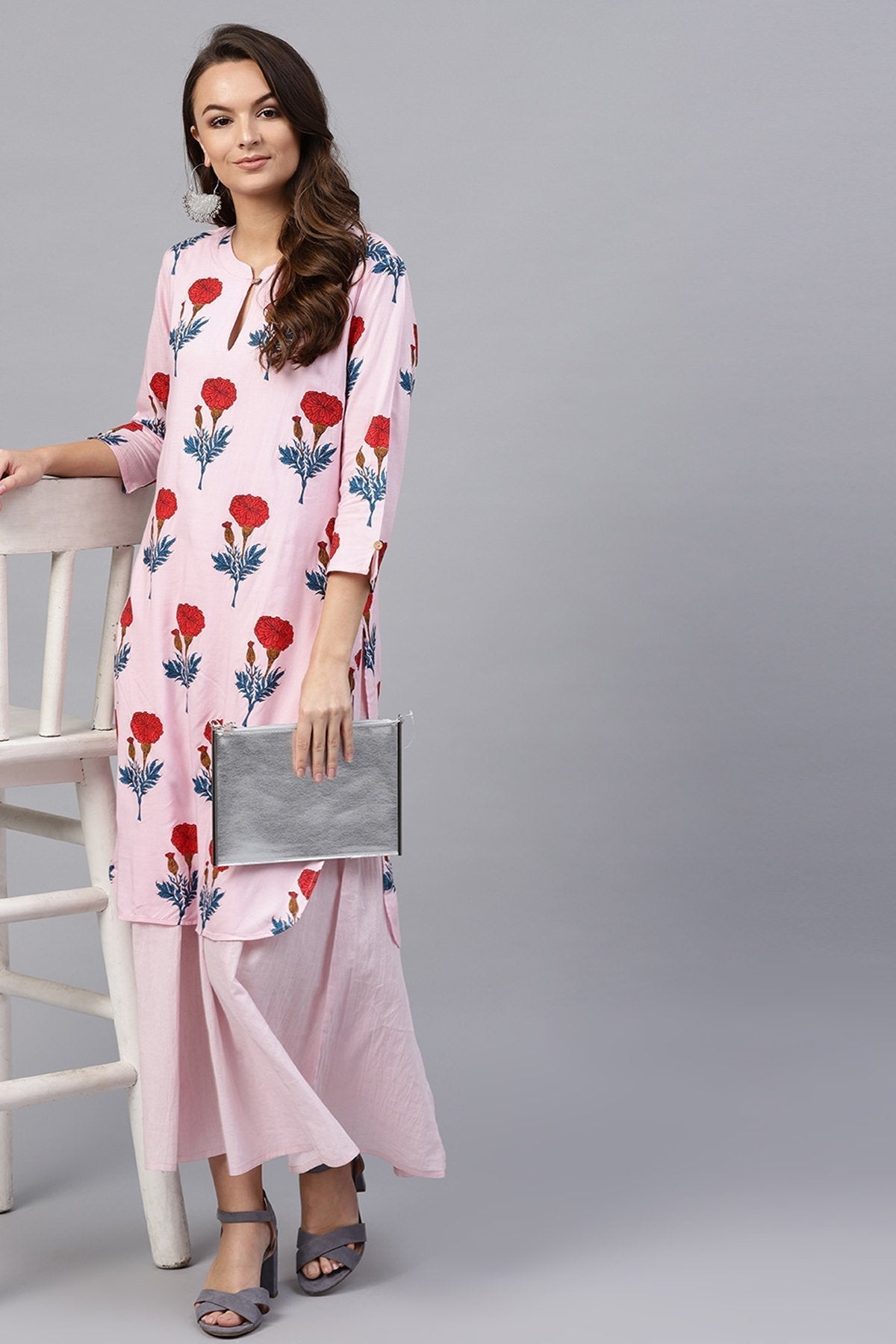 Women's Pink Floral Flared Layered Maxi
