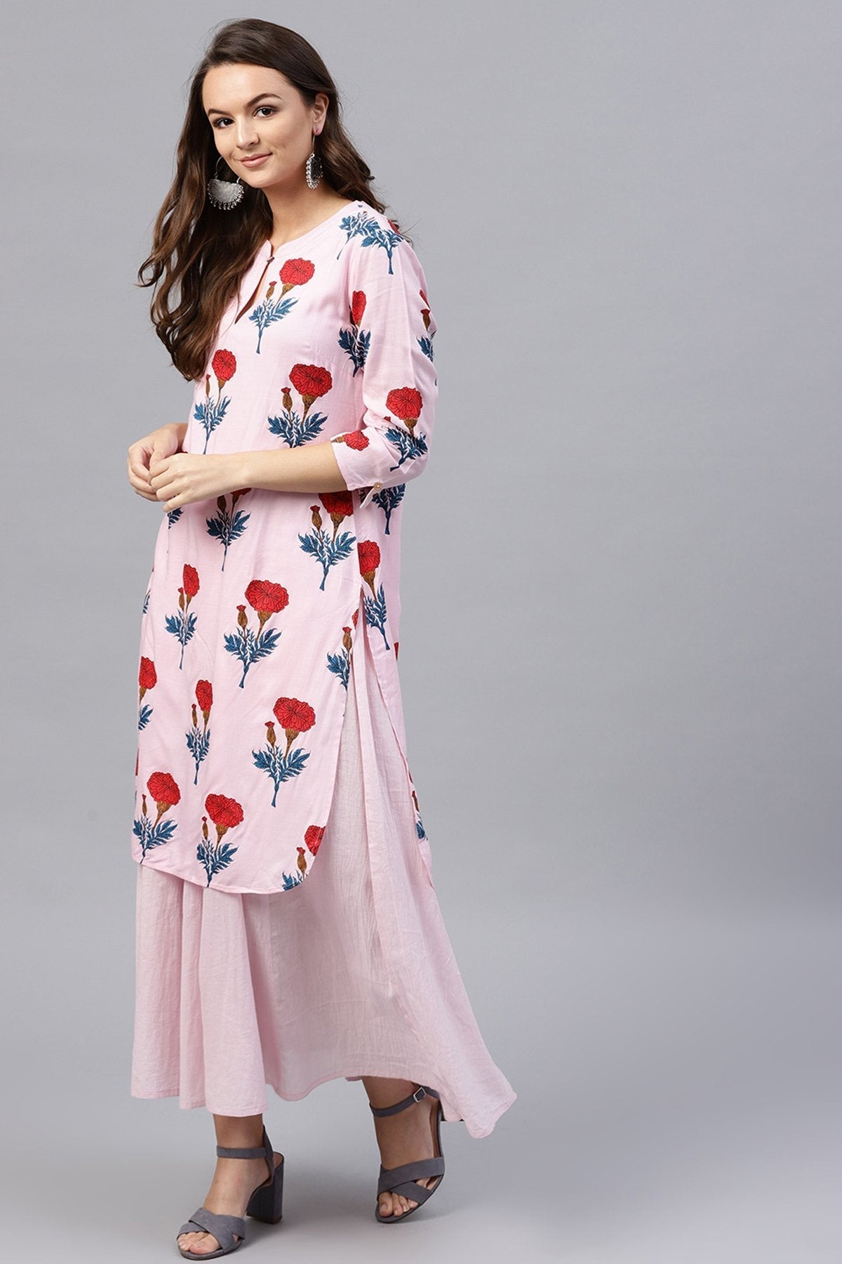 Women's Pink Floral Flared Layered Maxi