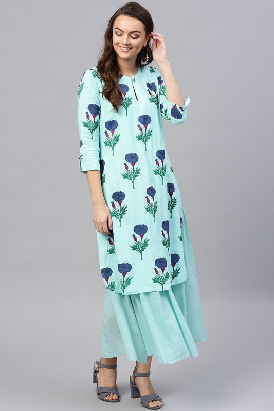 Women's Blue Floral Flared Layered Maxi