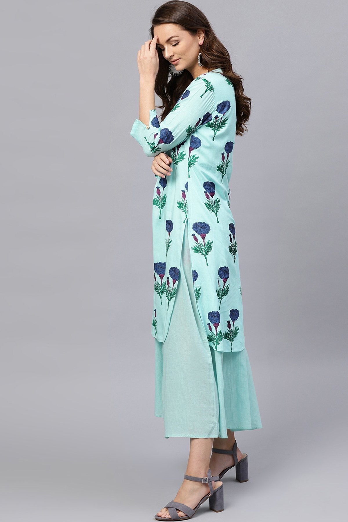 Women's Blue Floral Flared Layered Maxi