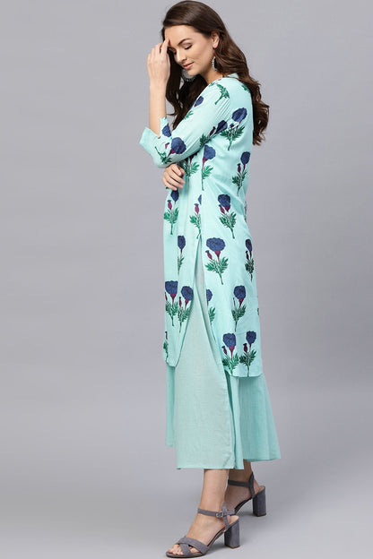 Women's Blue Floral Flared Layered Maxi