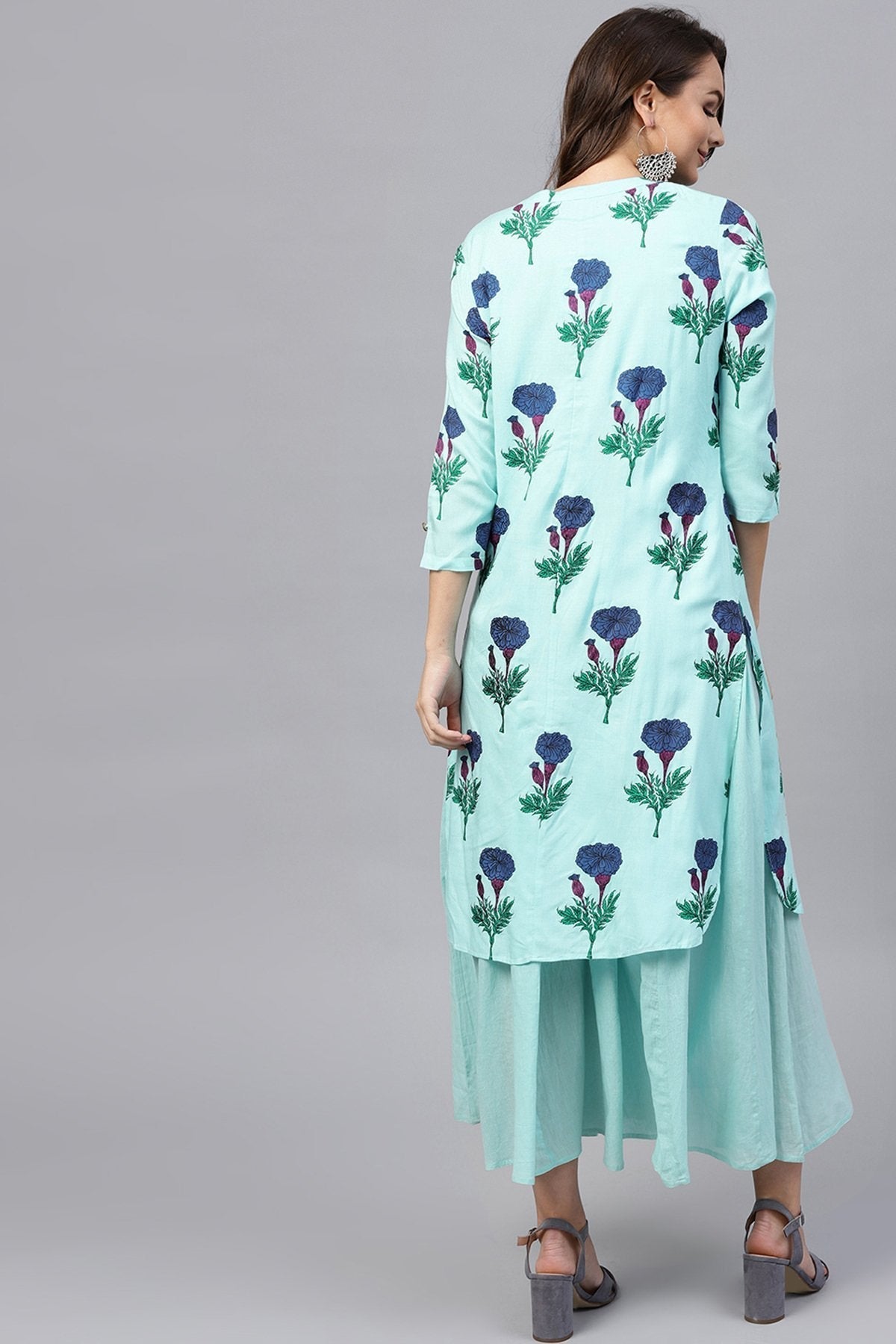 Women's Blue Floral Flared Layered Maxi