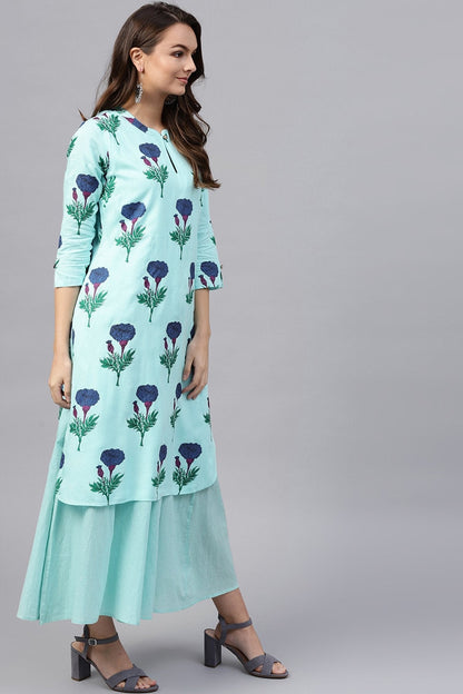 Women's Blue Floral Flared Layered Maxi