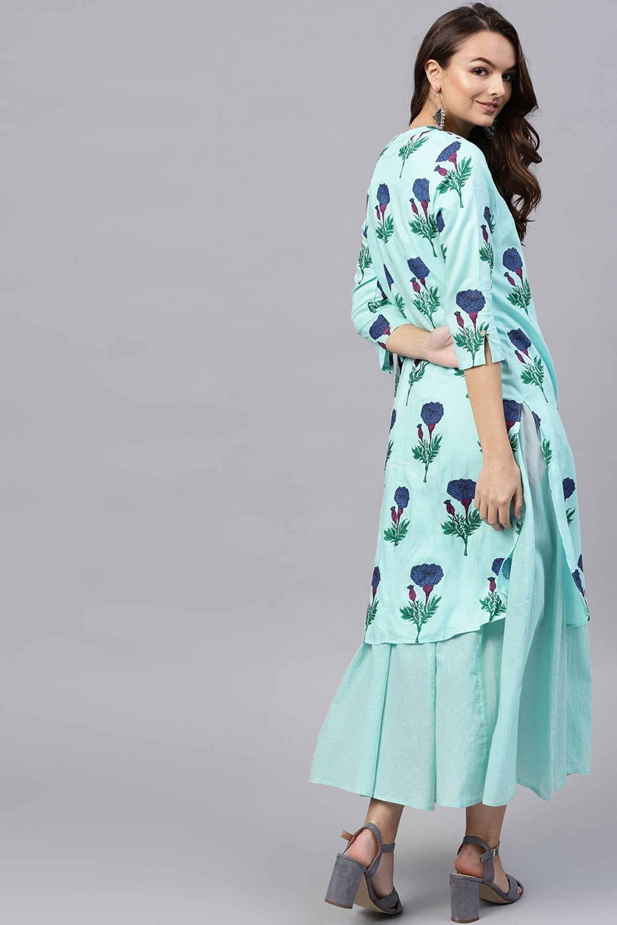 Women's Blue Floral Flared Layered Maxi