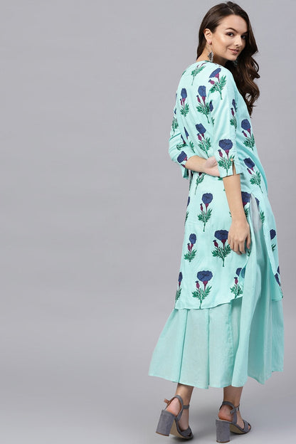 Women's Blue Floral Flared Layered Maxi