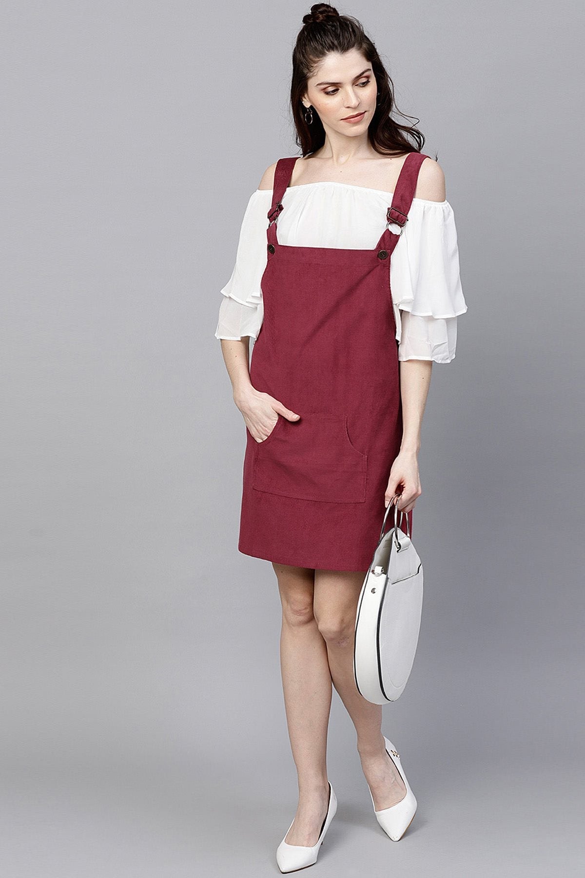 Women's Maroon Kangaroo Pocket Corduroy Pinafore