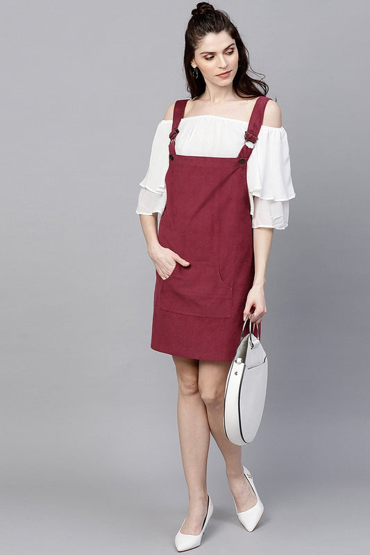 Women's Maroon Kangaroo Pocket Corduroy Pinafore