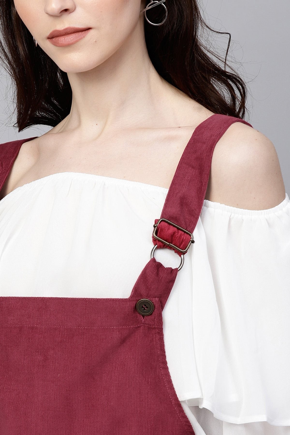 Women's Maroon Kangaroo Pocket Corduroy Pinafore