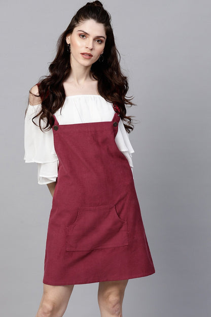 Women's Maroon Kangaroo Pocket Corduroy Pinafore