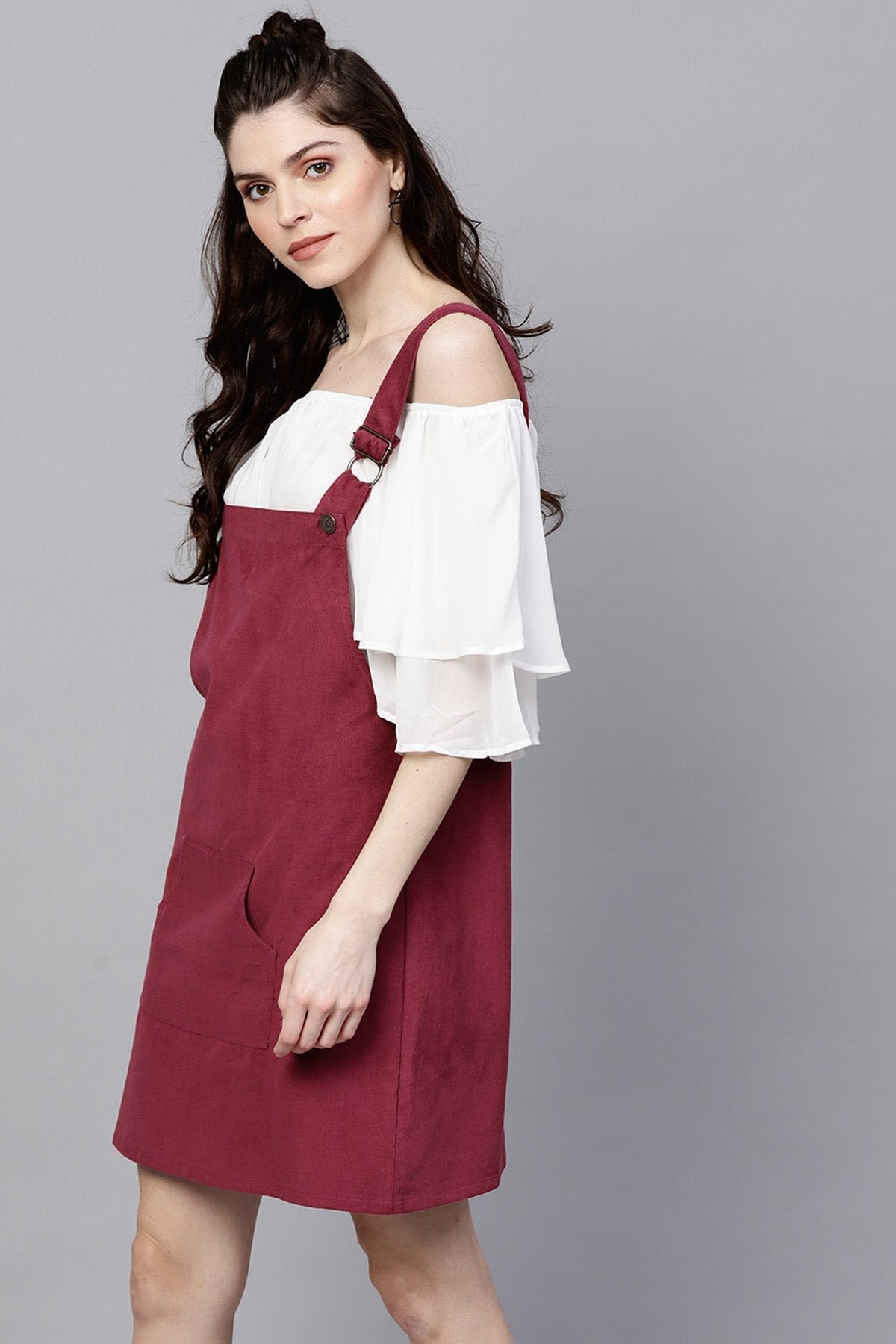 Women's Maroon Kangaroo Pocket Corduroy Pinafore