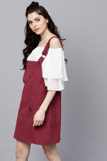Women's Maroon Kangaroo Pocket Corduroy Pinafore