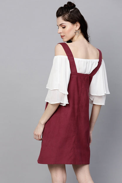 Women's Maroon Kangaroo Pocket Corduroy Pinafore