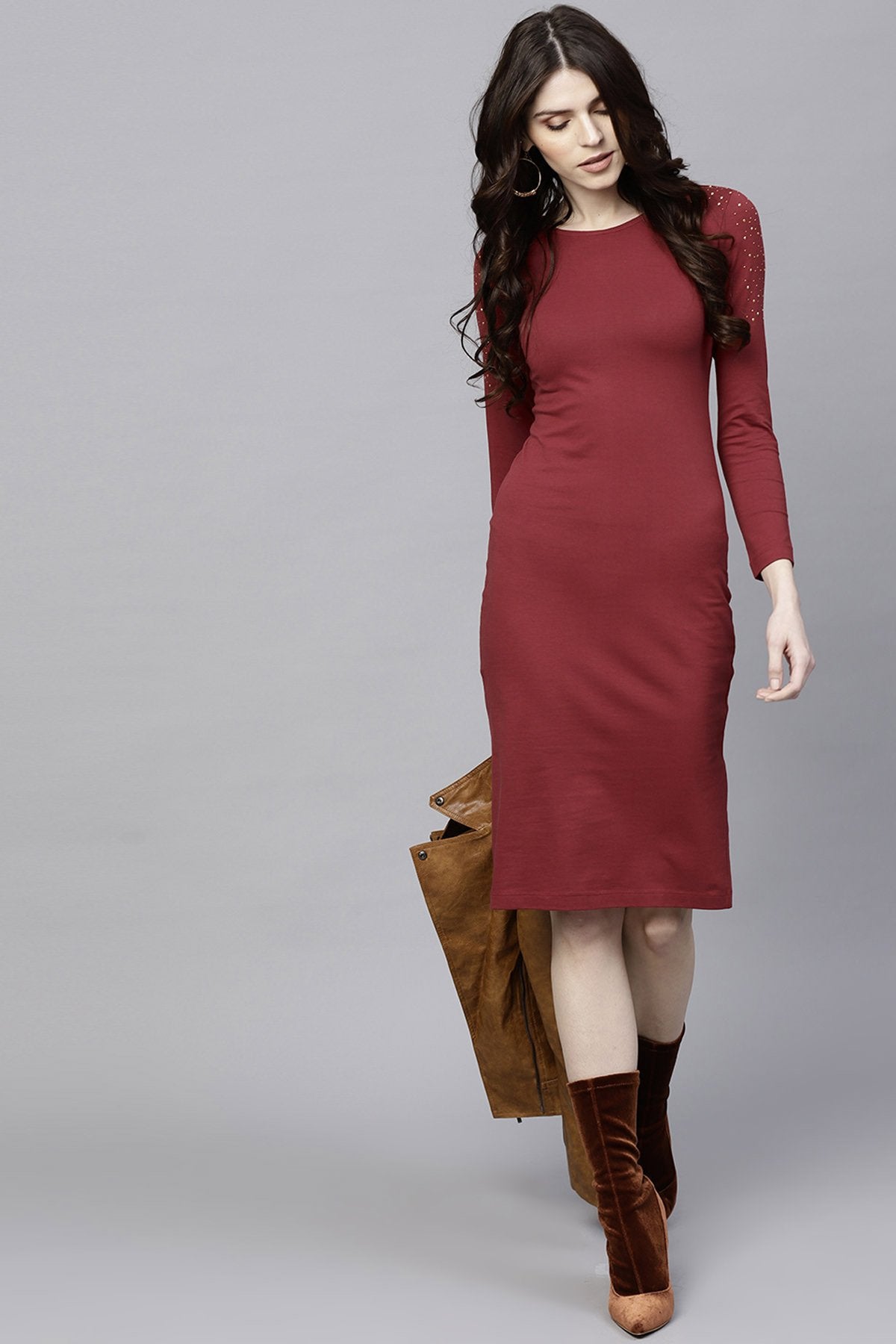 Women's Maroon Bodycon Studded Dress
