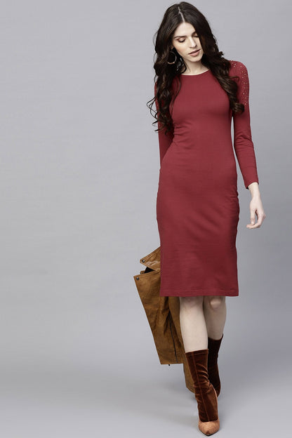 Women's Maroon Bodycon Studded Dress