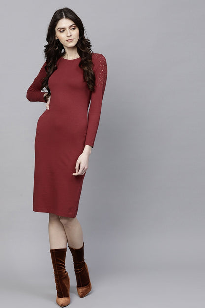 Women's Maroon Bodycon Studded Dress