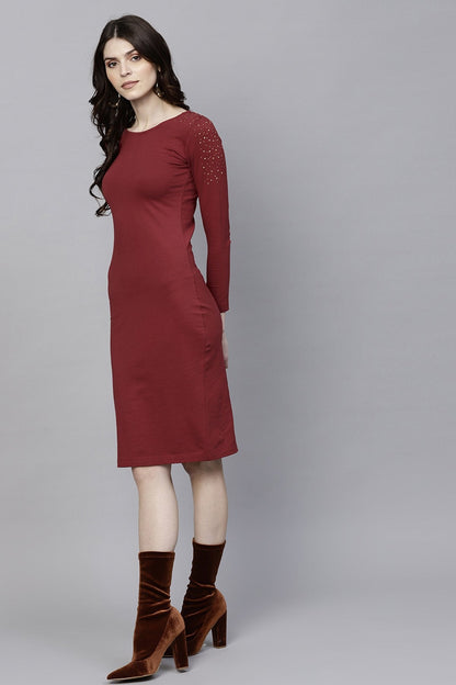 Women's Maroon Bodycon Studded Dress
