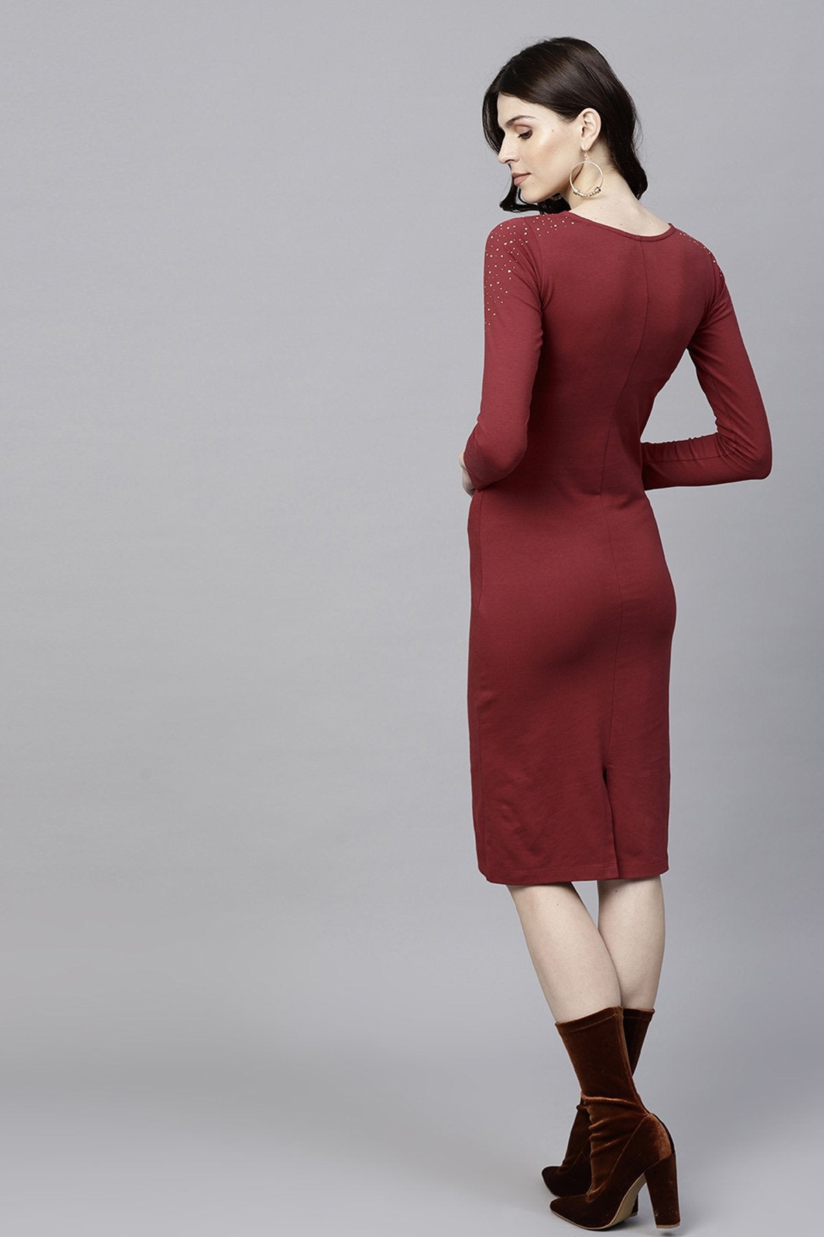 Women's Maroon Bodycon Studded Dress