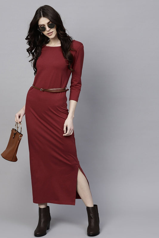 Women's Maroon Maxi Dress With Belt