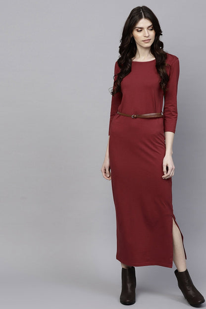 Women's Maroon Maxi Dress With Belt
