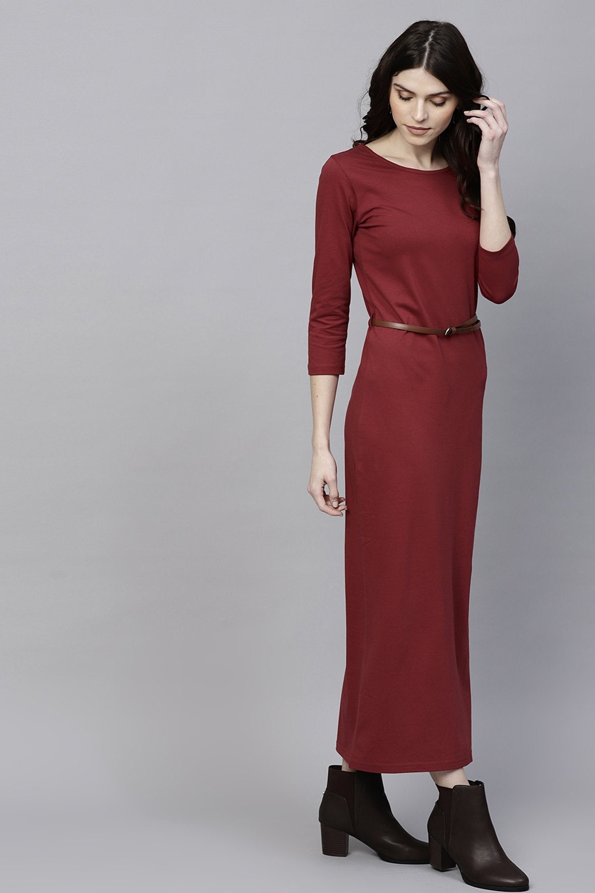 Women's Maroon Maxi Dress With Belt