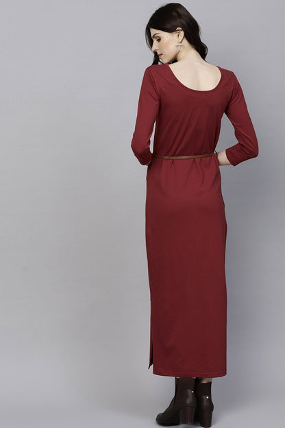 Women's Maroon Maxi Dress With Belt
