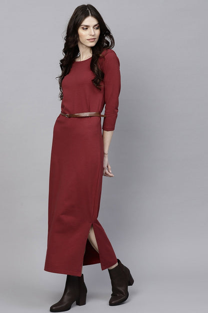 Women's Maroon Maxi Dress With Belt