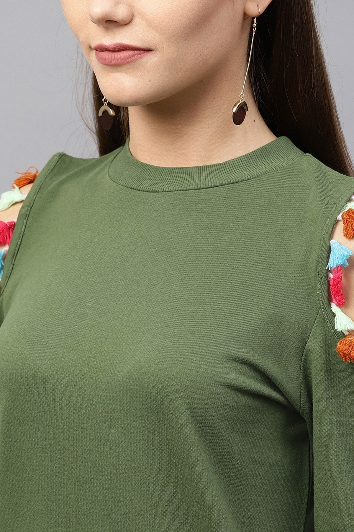 Women's Olive Tasseled Lace Cold Shoulder Dress