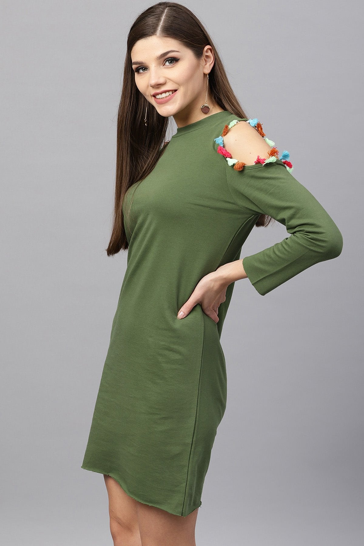 Women's Olive Tasseled Lace Cold Shoulder Dress