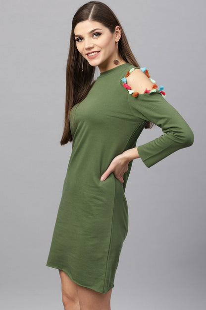 Women's Olive Tasseled Lace Cold Shoulder Dress