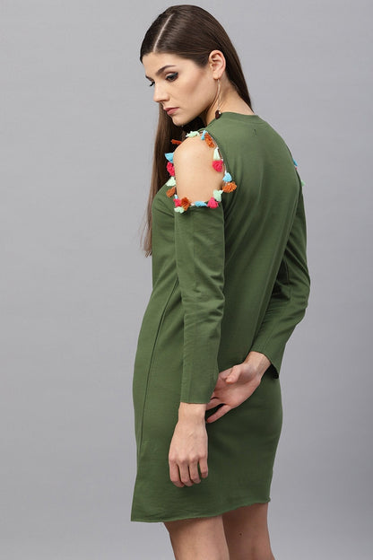 Women's Olive Tasseled Lace Cold Shoulder Dress