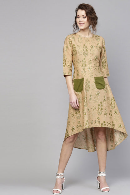 Women's Golden Beige Floral High Low Dress