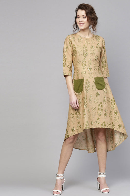 Women's Golden Beige Floral High Low Dress