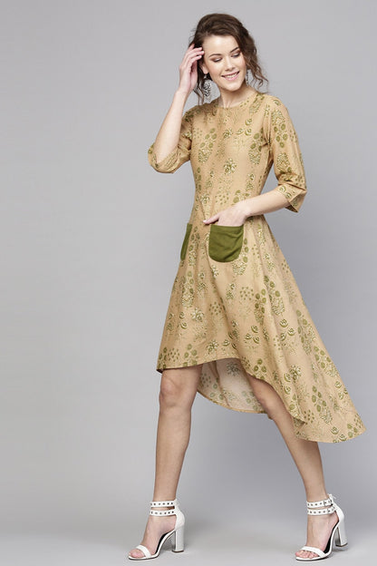Women's Golden Beige Floral High Low Dress