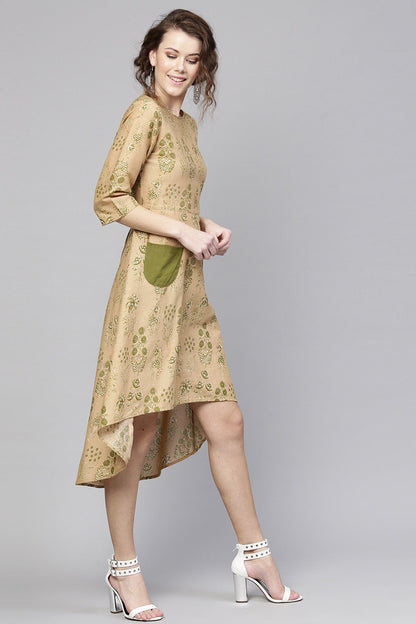Women's Golden Beige Floral High Low Dress