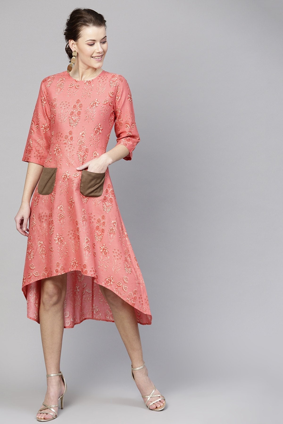 Women's Coral Floral High Low Dress