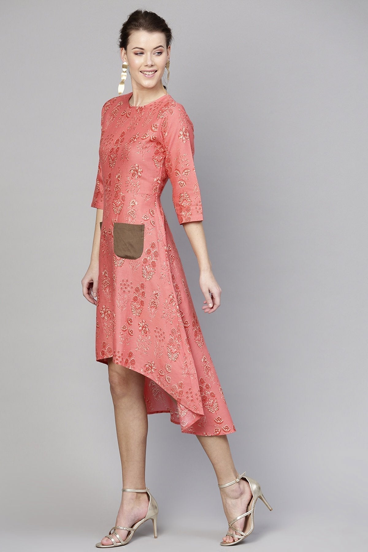Women's Coral Floral High Low Dress