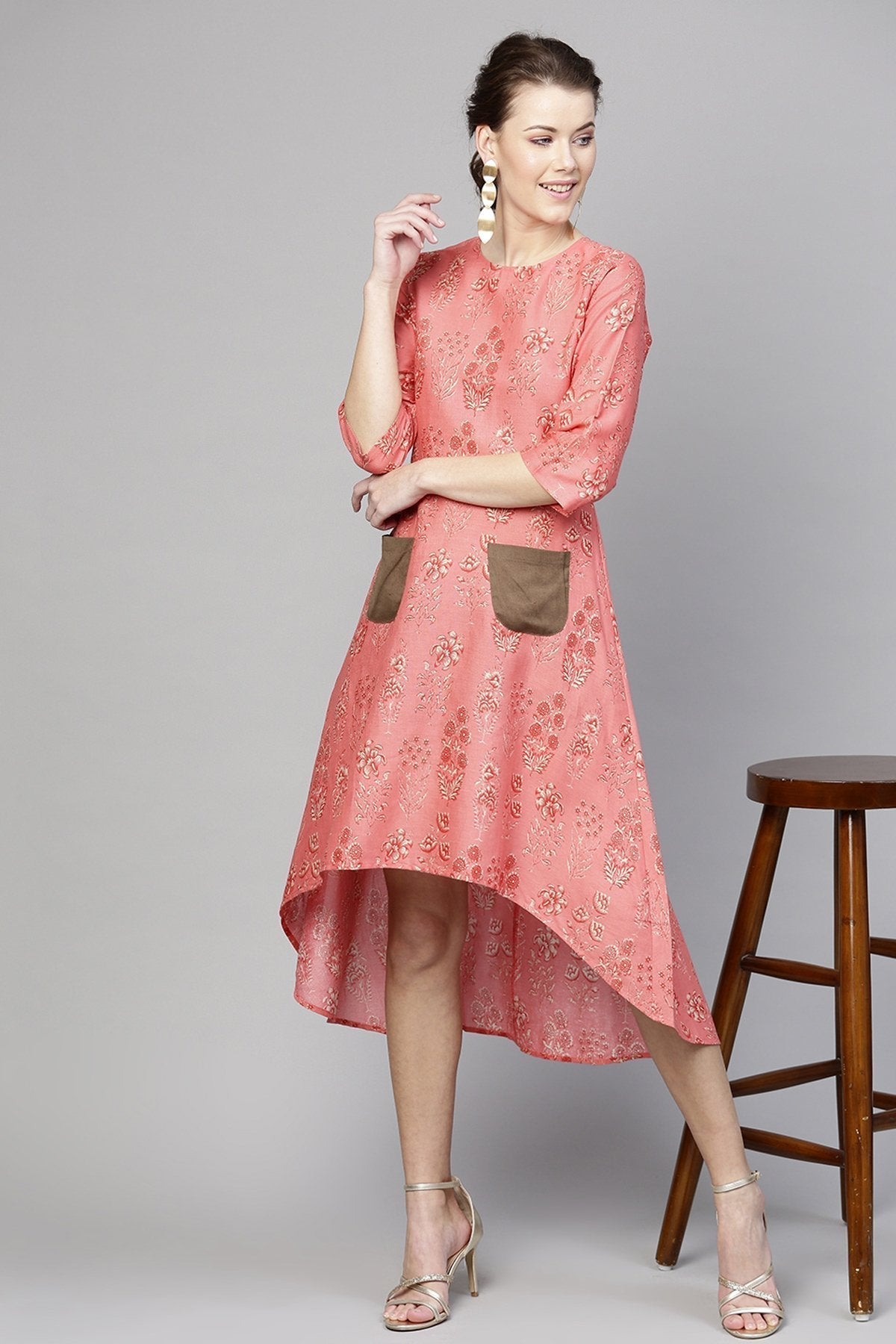 Women's Coral Floral High Low Dress