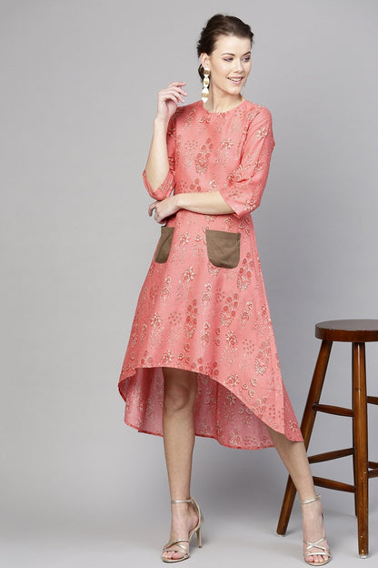 Women's Coral Floral High Low Dress