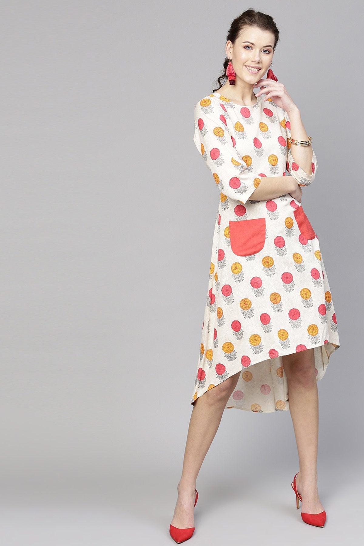 Women's Off White Floral High Low Dress