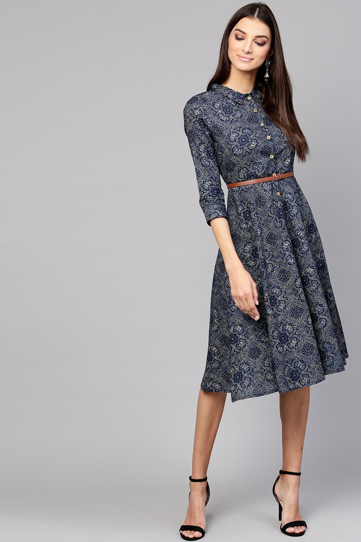 Women's Indigo Geo Print Belted Shirt Dress
