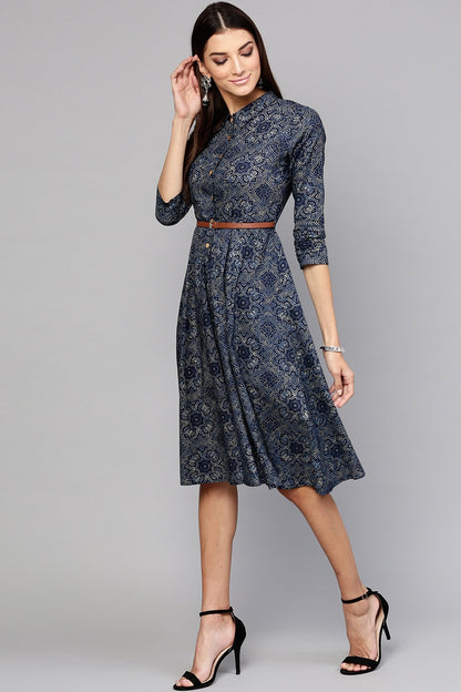 Women's Indigo Geo Print Belted Shirt Dress