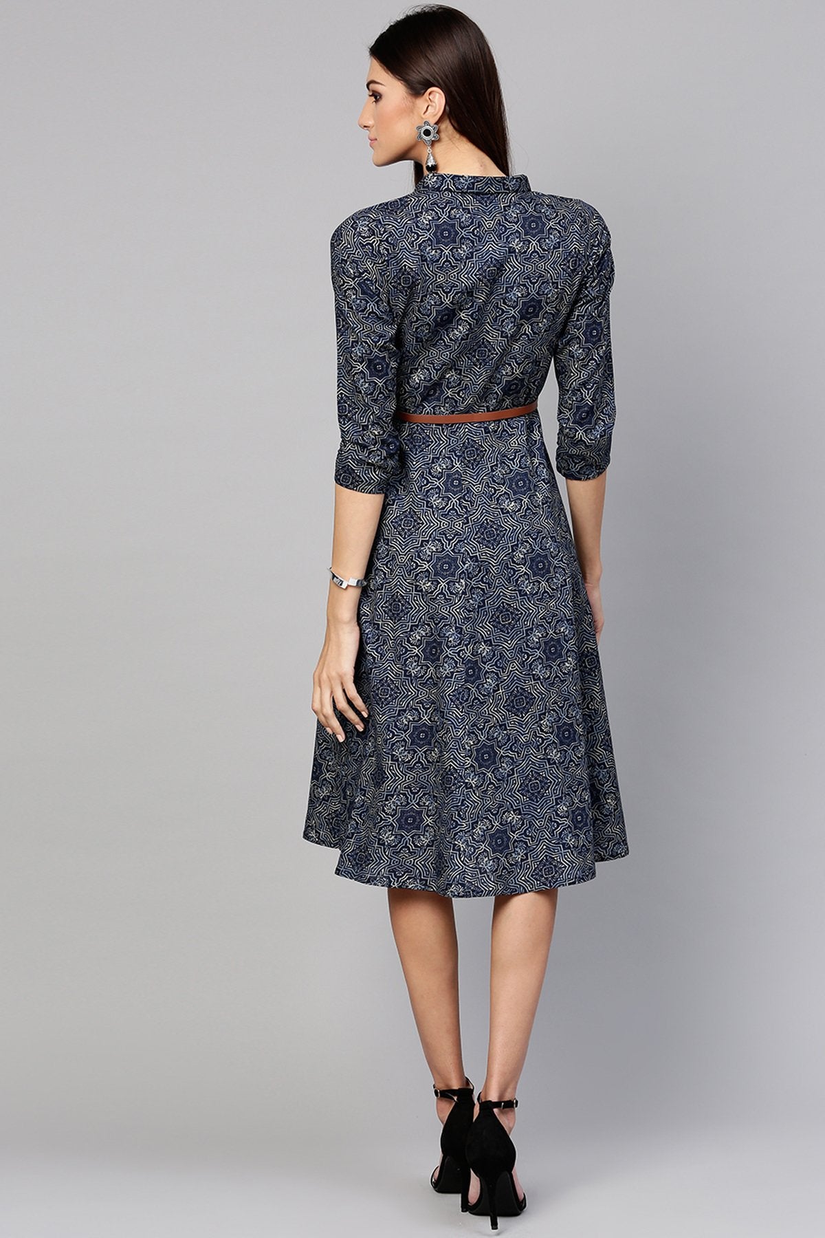 Women's Indigo Geo Print Belted Shirt Dress